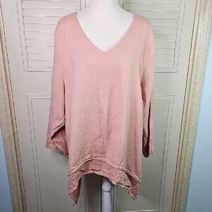 Blouse Oversized Linen V Neck By La Fixsun Coral Color Size XL 3/4 Sleeve